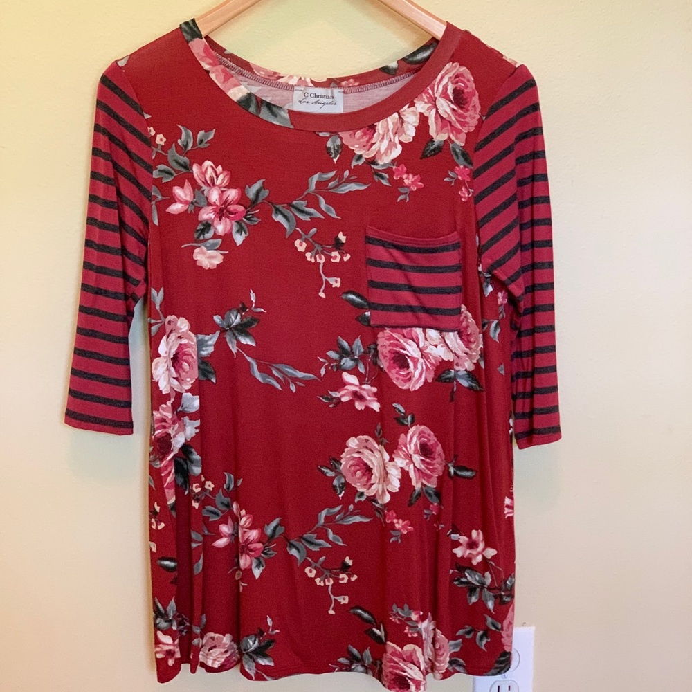 3/4 sleeve mixed print floral and striped shirt